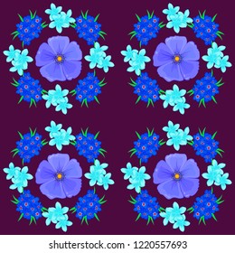 Vector cosmos flower seamless pattern in purple, blue and violet colors.