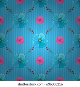 Vector cosmos flower seamless pattern on a blue background.