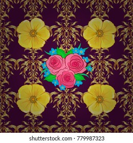Vector cosmos flower seamless pattern in yellow, brown and purple colors.