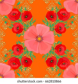 Vector cosmos flowers seamless pattern. Seamless Floral Pattern on a orange background.