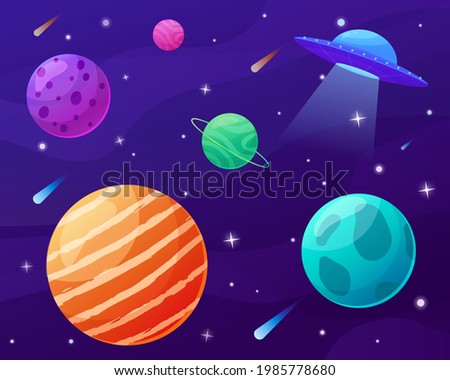 Vector cosmos illustration in cartoon style. UFO and planets. Universe, space and galaxies.
