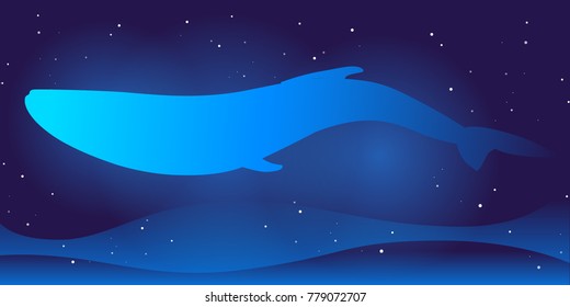 Vector Cosmos Illustration on gradient dark blue backgroud with constellation of stars, waves, whale and glowing. Template For web, UI/UX design or background site