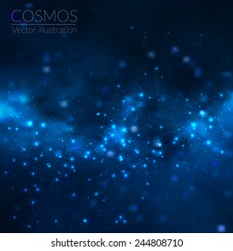 Vector cosmos illustration with stars and galaxy. Space starry background with deep blue dark colors, galaxy, nebula clouds on it. Space galaxy vector background. Constellation abstract background
