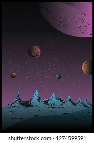 vector cosmos poster, planets, carter landscape, stars