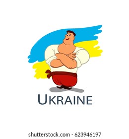 Vector Cossack in flat style, colorful Cartoon illustration. Cossack man, against the background of the national flag. Ukrainian hero