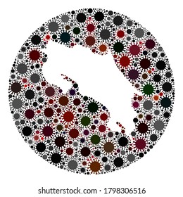Collage de mapas del Vector Costa Rica del virus SARS. La infección ataca el territorio de cuarentena desde el exterior. Collage de mapas de círculo de hoyos de Costa Rica compuesto por elementos de infección.