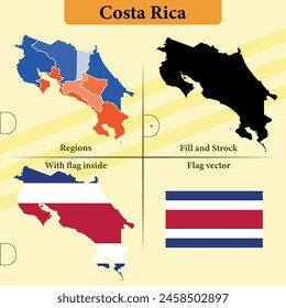 Vector Costa Rica map vector states and lines and full with vector flag and flag map