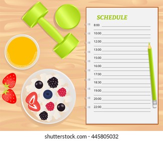 Vector cottage cheese with berries, orange juice and weights on wood background in flat style for healthy lifestyle concept.