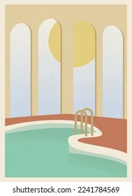 Vector cottage exterior with swimming pool, flat design, modern house