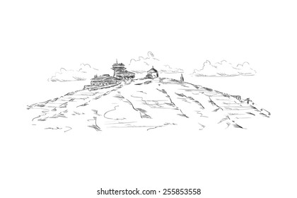 vector - Cabaña con restaurante en una cima de montaña con el nombre de Snezka en la república checa de Europa