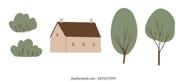 vector cottagecore landscape illustration clipart, house, tree, bunch, clip art, images in flat cartoon style