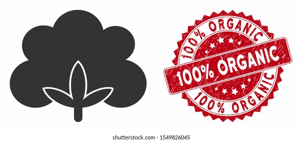 Vector cotton flower icon and grunge round stamp seal with 100% Organic caption. Flat cotton flower icon is isolated on a white background. 100% Organic seal uses red color and grunge surface.