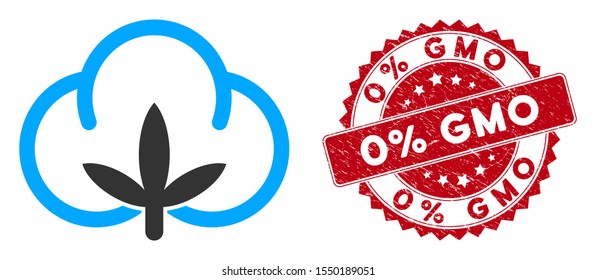 Vector cotton flower icon and rubber round stamp watermark with 0% GMO text. Flat cotton flower icon is isolated on a white background. 0% GMO stamp seal uses red color and rubber texture.
