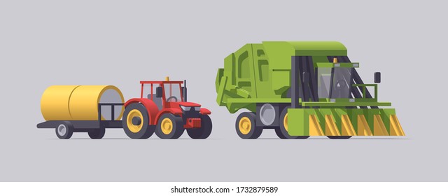 Equipo de cosecha de algodón vectorial. Cosechador de algodón verde y tractor rojo con remolque de bastón de algodón redondo. Ilustración aislada