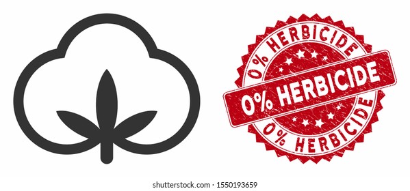 Vector Cotton Icon And Rubber Round Stamp Seal With 0% Herbicide Caption. Flat Cotton Icon Is Isolated On A White Background. 0% Herbicide Seal Uses Red Color And Rubber Surface.