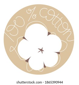 Vector cotton illustration with “100 % cotton” handwriting text. Can be used as quality mark in packaging design.