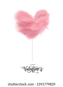 Vector cotton sugar candy in the shape of heart isolated on the white background. Happy Valentine Day hand lettering text. Romantic quote postcard, card, invitation, banner template. 