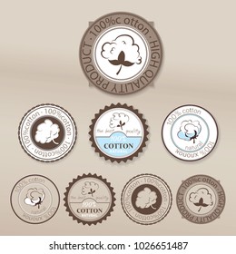 Vector cotton's emblem, icon set with cotton for package. Stamp with the cotton boll and the text 100% cotton