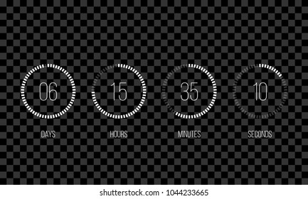 Vector Countdown Circle Clock Counter Timer. Vector Digital Count Down Circle Board With Circle Time Pie Diagram. Scoreboard Of Day, Hour, Minutes And Seconds Template Design On Transparent Background