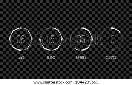 Vector countdown circle clock counter timer. Vector digital count down circle board with circle time pie diagram. Scoreboard of day, hour, minutes and seconds template design on transparent background