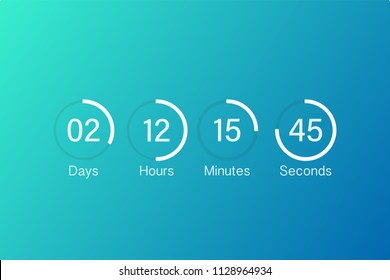 Zähler-Zähler des VektorCountdown-Timers. UI app digital count down Circle Board Meter mit Kreiszeitpie Diagramm. Anzeiger für Tag, Stunde, Minuten und Sekunden für die Webseite, die in Kürze erscheint