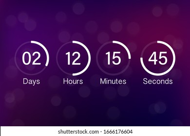 Vector countdown clock counter timer. UI app digital count down circle board meter with circle time pie diagram. Scoreboard of day, hour, minutes and seconds for web page coming soon event template.