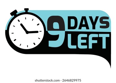 Contagem regressiva vetorial com a legenda "9 Days Left" com um ícone de cronômetro claro. Ideal para campanhas promocionais, lembretes de eventos, prazos de venda. Design limpo, moderno e editável para qualquer projeto.