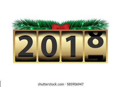 Vector counter with fir branches on the white background. Concept of Happy New Year.