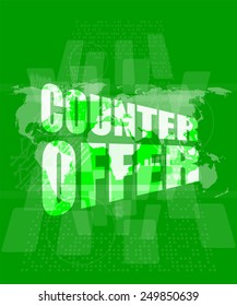 vector counter offer words on digital screen background with world map