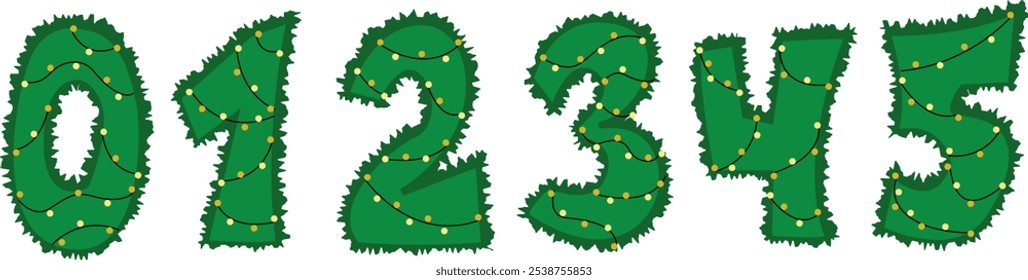 Vector counting 0-5 numbers in christmas tree style. Golden bubbles lights shine. Green numbers with gerland. Zero One Two Three Four Five. Merry Christmas. Santa Claus greeting card. Matching game