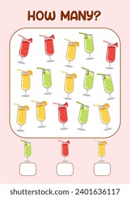 Vector counting game how many for kids with juice drink illustration