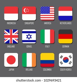 The Vector Of Country Flags In The World. Indonesia, Singapore, America, Netherlands, England, Israel, Italy, German, Japan, Ireland, Colombia, South Korea