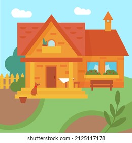 Vector country house. Cottage with a dog
