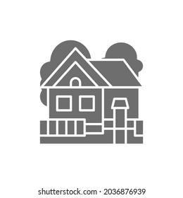 Vector country house, cottage landscape grey icon.