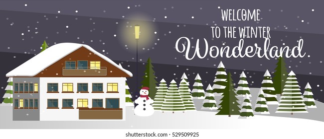 Vector country house, forest an night. Winter wonderland, fir trees, snowfall, lantern, snowman. Many cute cartoon elements.