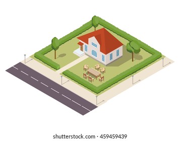 Vector a country isometric house with trees the table and chairs and the road. American Cottage,cottage for brochures or leaflets for realtors.Elements for design of infographic with a country house.
