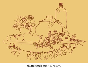 Vector Country Kitchen still life: the harvest tomatoes, eggplant, dill, and viburnum near the pot of porridge and a bottle of oil