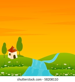 Vector Country landscape background with house and trees