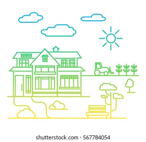 Vector Country Landscape Illustration in Thin Line Style. Isolated graphic elements: building, bench, tree, clouds and tractor. 
