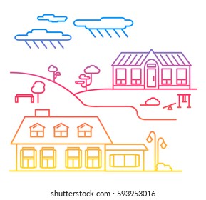 Vector Country Landscape Illustration in Thin Line Style. Isolated graphic elements: building, bench, tree, clouds and swing. 