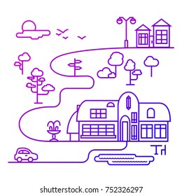 Vector Country Landscape Illustration in Thin Line Style. Isolated graphic elements: building, cottage, fountain and car. 