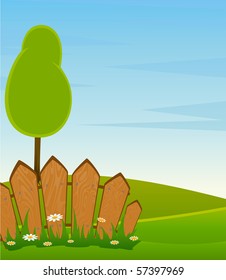 Vector Country Landscape with Trees, Road and Fence