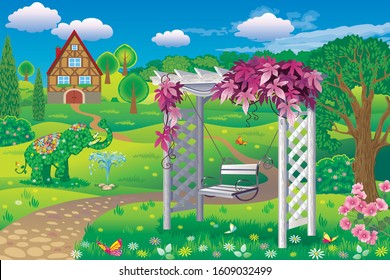 Vector country landscape with a white canopy decorated with red ivy, with a Bush trimmed in the form of an elephant and a house