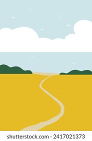 Vector country rural landscape scene with wheat field. Seaside and clouds cartoon style illustration.