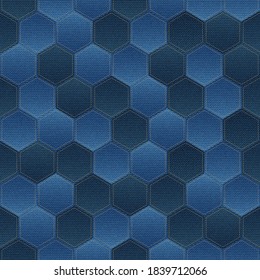 Vector country seamless pattern with denim and seams patchwork hexagons. Jeans fabric mosaic texture on blue background