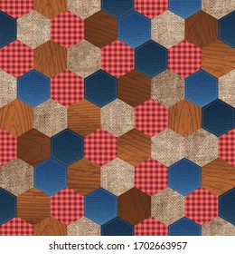 Vektorillustration Land nahtlose Muster mit Holz, blauem Denim, Sacktuch und lumberjack-roten Fliesenhexagons. Mosaikjeans, Holzverzierungen und Leinwände, bunter Hintergrund