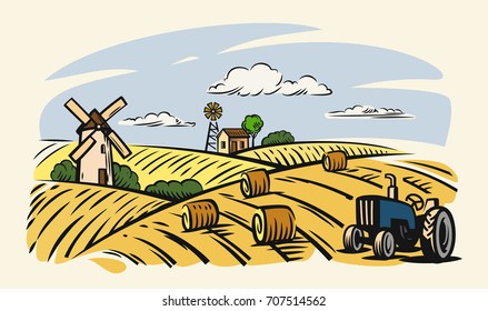 vector country with tractor on beige background