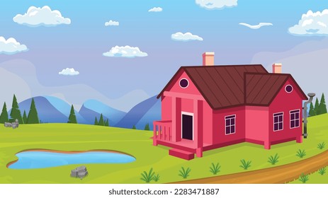 Vector countryside cartoon background illustration with house, lake, tree, mountain, sky, road