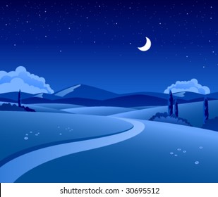 Vector countryside landscape by night