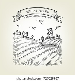 Vector countryside landscape with mill and wheat field. Rural view done in graphic style. Outline field use as label, logo, sticker, emblem for advertising organic products or banner, book.